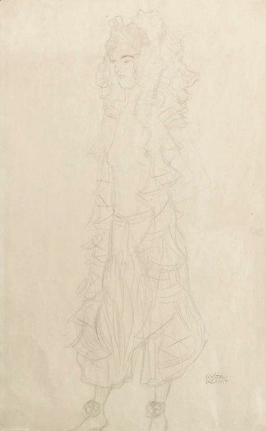Gustav Klimt - Stehendes Madchen nachs links mit nacktem Oberkorper, Hosen, 'Ball-Entree'