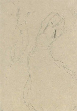 Gustav Klimt - Tanzender Akt mit erhobenen ausgebreiteten Armun und bekleidete Tanzerin