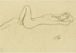 Gustav Klimt - Lying Female Nude With Positioned Left Leg