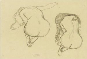 Gustav Klimt - Studies Of A Seated Nude From Behind With Long Hair