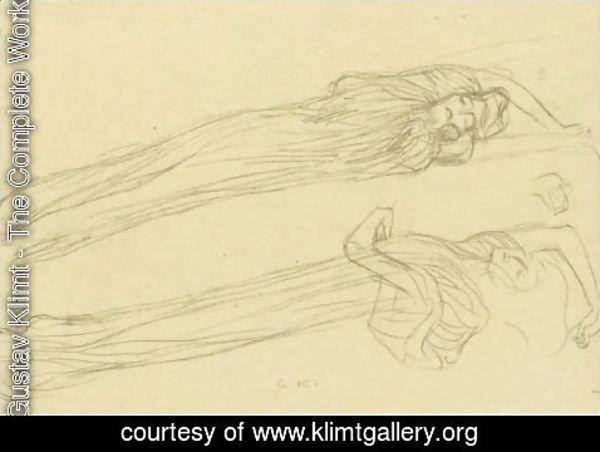 Gustav Klimt - Two Studies Of A Floating Draped Figure To The Right