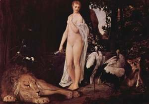 Female Nude with animals in a landscape
