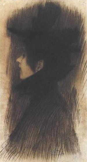 Gustav Klimt - Girl with hat and cape in profil