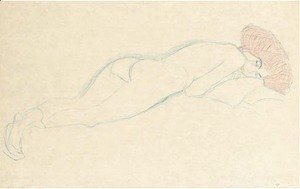 Gustav Klimt - Auf dem Bauch Liegender Akt nach rechts