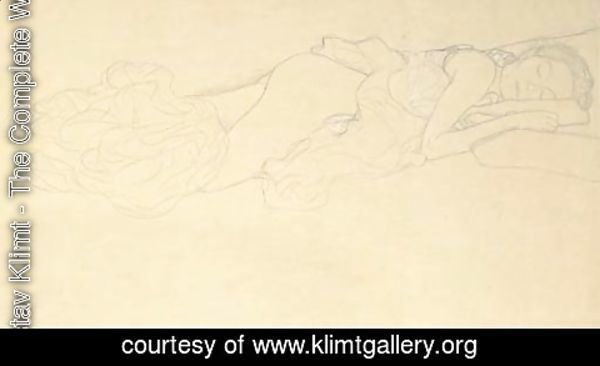 Gustav Klimt - Auf dem Bauch liegender Halbakt nach rechts, den Kopf auf den Oberarm gelegt