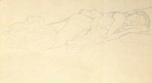 Gustav Klimt - Auf dem Bauch liegender Halbakt nach rechts, den Kopf auf den Oberarm gelegt