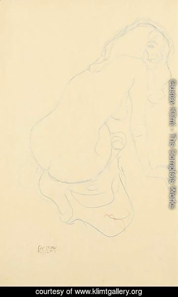 Gustav Klimt - Kauernder Akt nach rechts mit langen Haaren