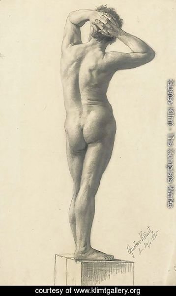 Gustav Klimt - Mannlicher Rackenakt, die Finger am Hinterkopf verschrankt