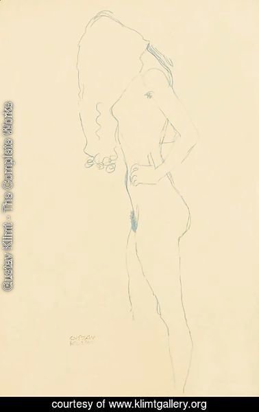 Gustav Klimt - Stehender Madchenakt nach links, das Gesicht durch die Haare verdeckt