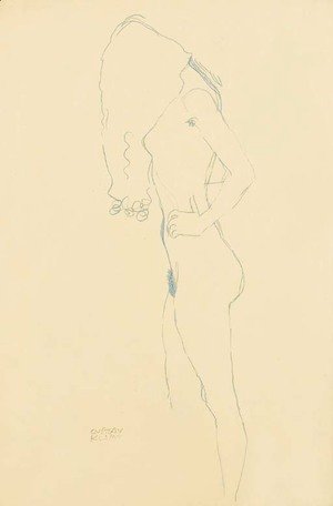 Gustav Klimt - Stehender Madchenakt nach links, das Gesicht durch die Haare verdeckt