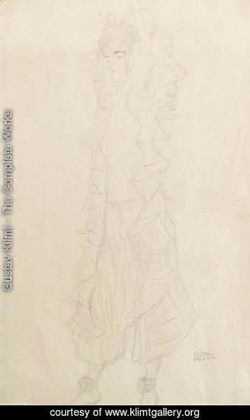 Gustav Klimt - Stehendes Madchen nachs links mit nacktem Oberkorper, Hosen, 'Ball-Entree'