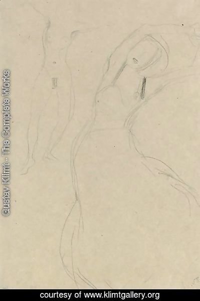 Gustav Klimt - Tanzender Akt mit erhobenen ausgebreiteten Armun und bekleidete Tanzerin