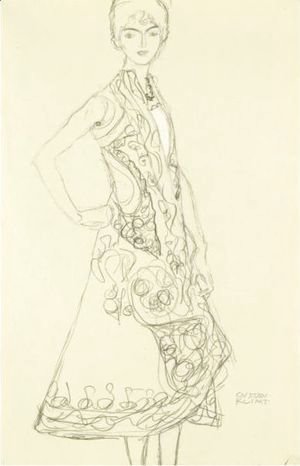 Woman In Richly Patterned Dress, Right Hand Resting On Hip