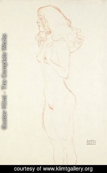 Gustav Klimt - Stehender Madchenakt Mit Langen Haaren, Halsband, Die Linke Hand An Der Schulter